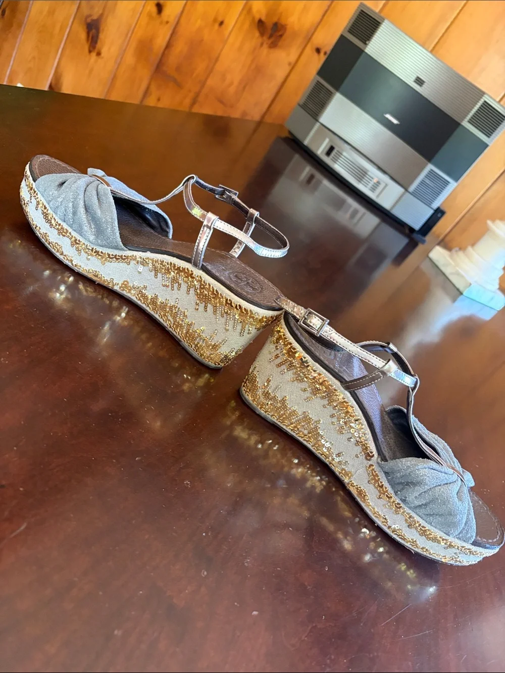 Tory Burch Gray Bow T-Strap Platform Sandals with Gold Trim